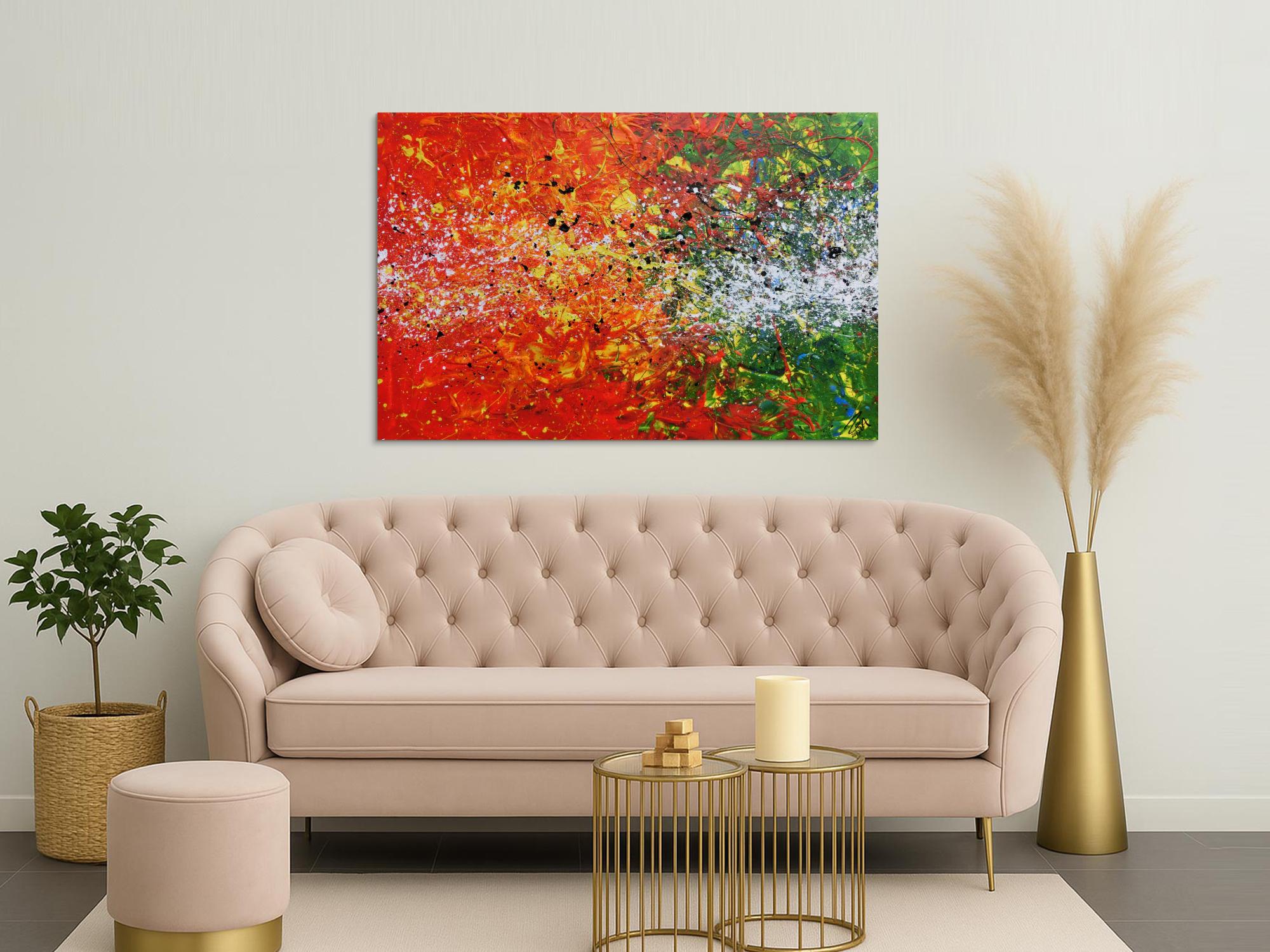 Modernes Acrylgemälde abstrakt orange grün weiß Splashstyle Action Painting