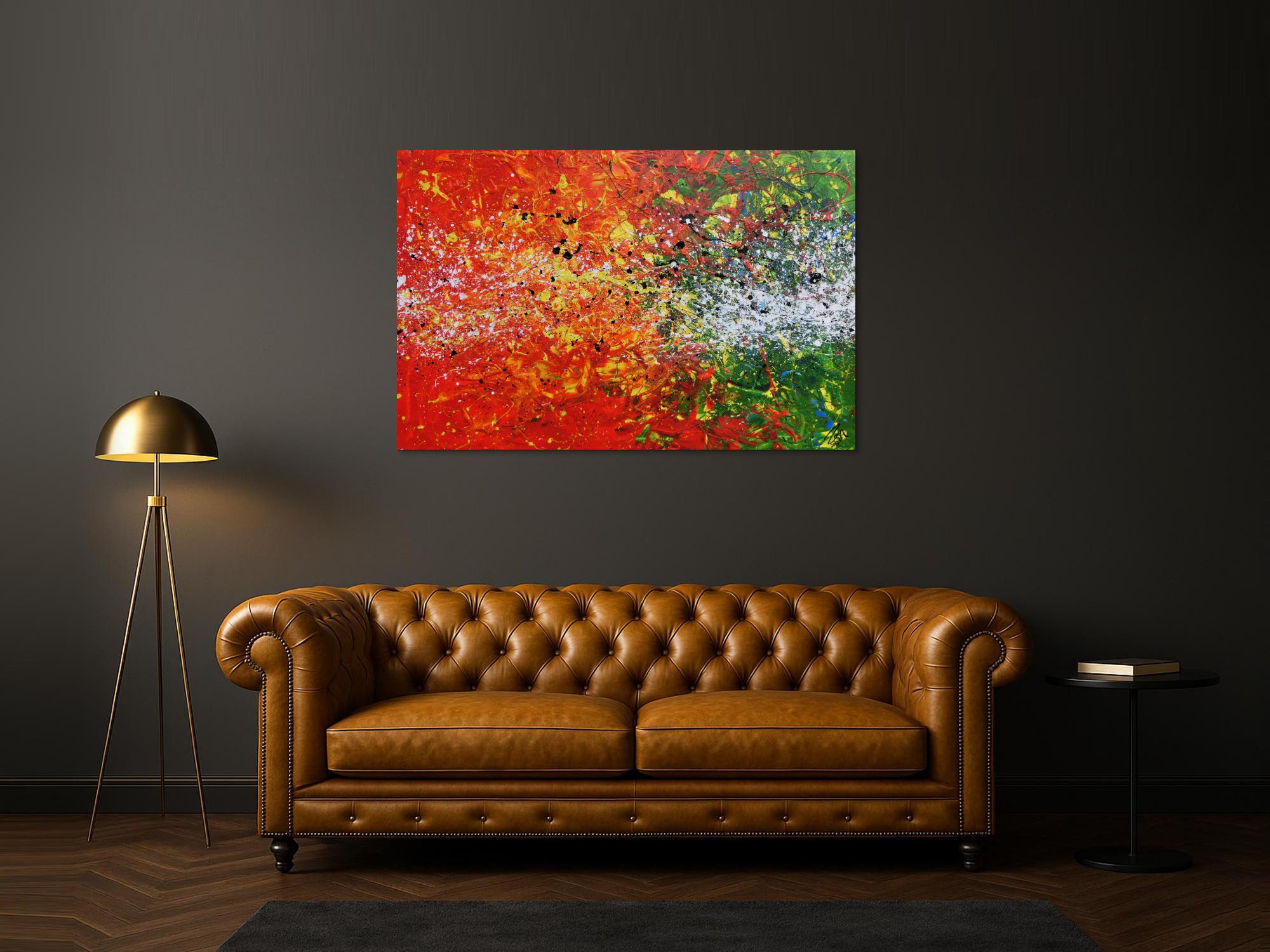 Modernes Acrylgemälde abstrakt orange grün weiß Splashstyle Action Painting