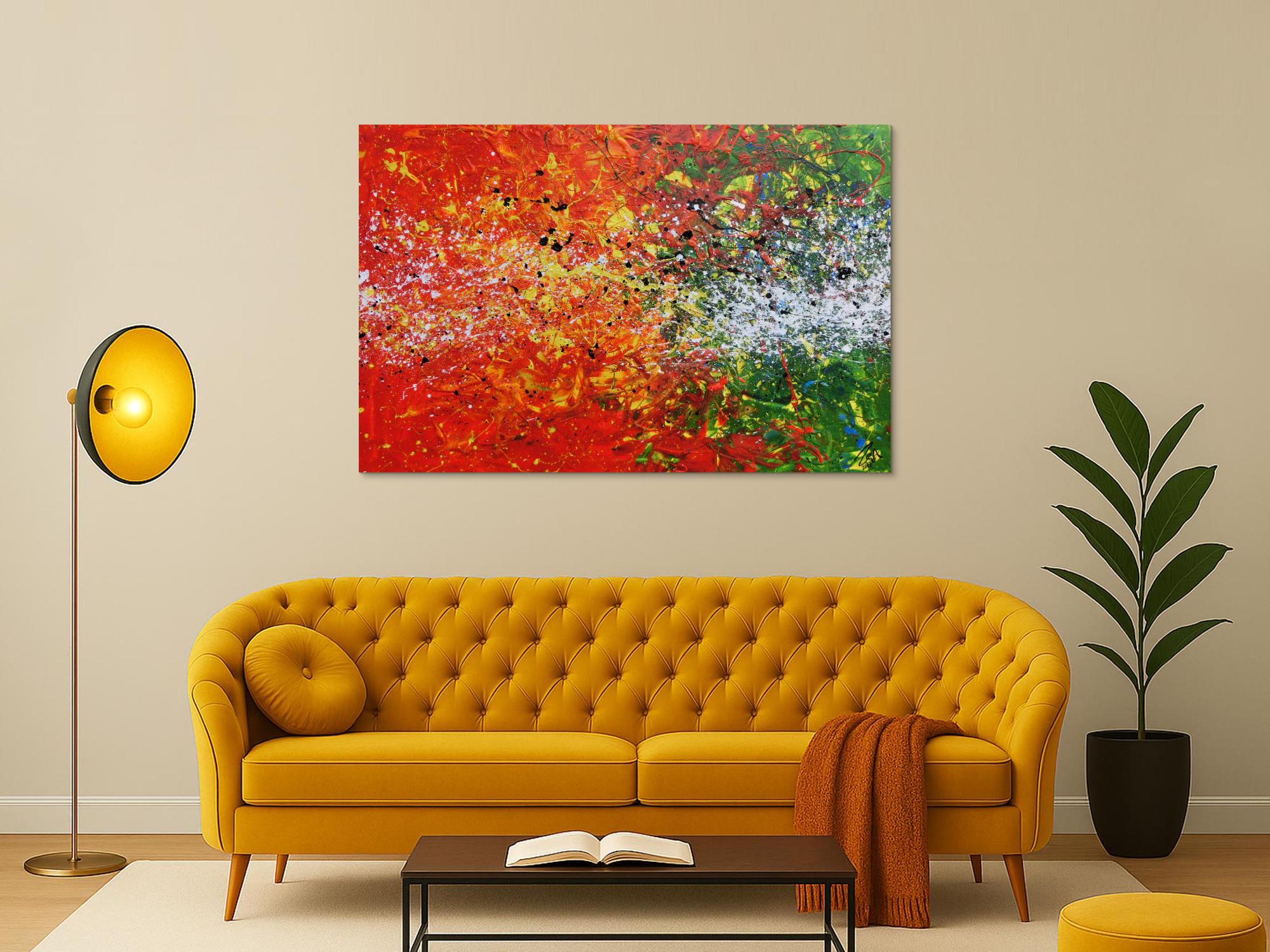 Modernes Acrylgemälde abstrakt orange grün weiß Splashstyle Action Painting