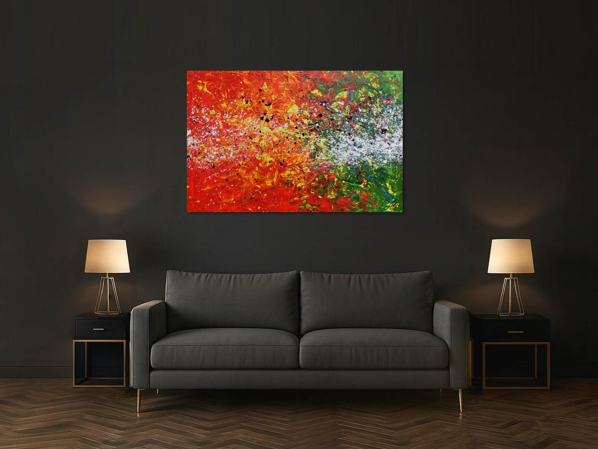 Modernes Acrylgemälde abstrakt orange grün weiß Splashstyle Action Painting