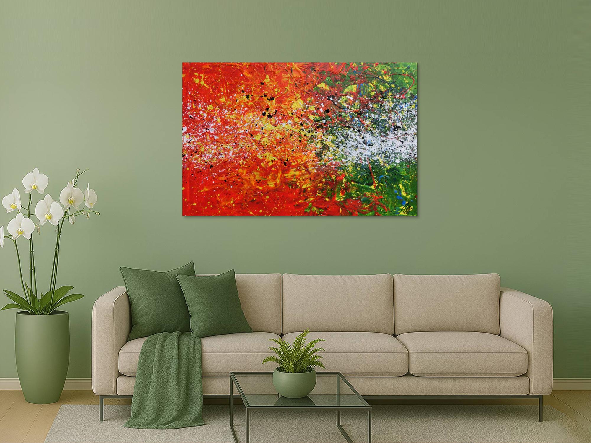 Modernes Acrylgemälde abstrakt orange grün weiß Splashstyle Action Painting
