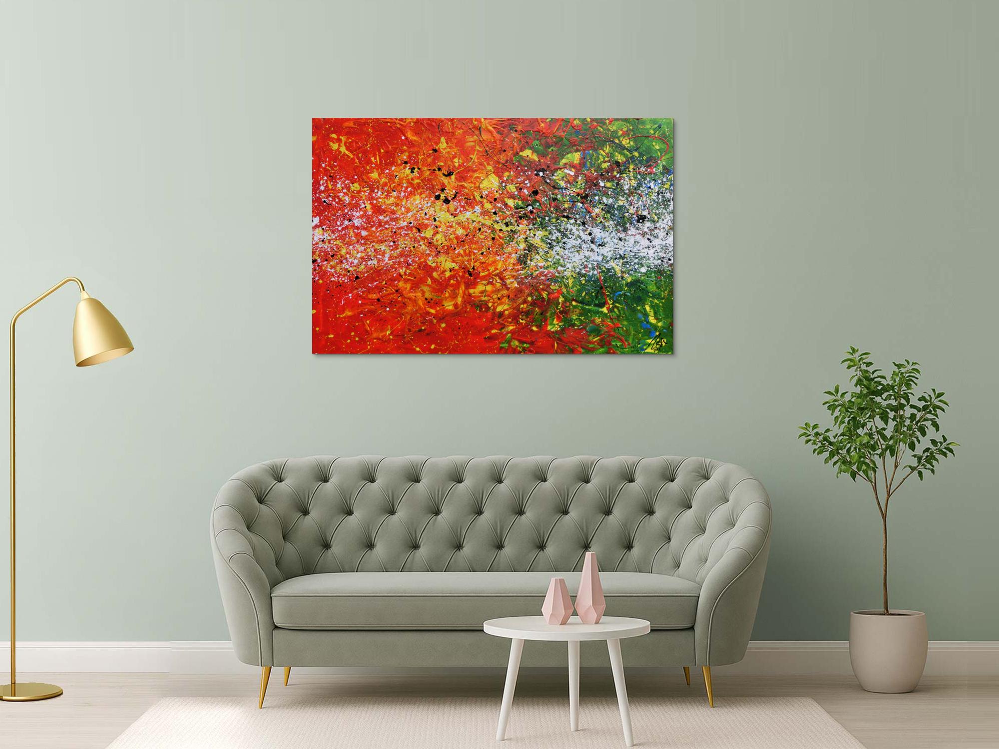 Modernes Acrylgemälde abstrakt orange grün weiß Splashstyle Action Painting