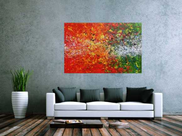 Modernes Acrylgemälde abstrakt orange grün weiß Splashstyle Action Painting