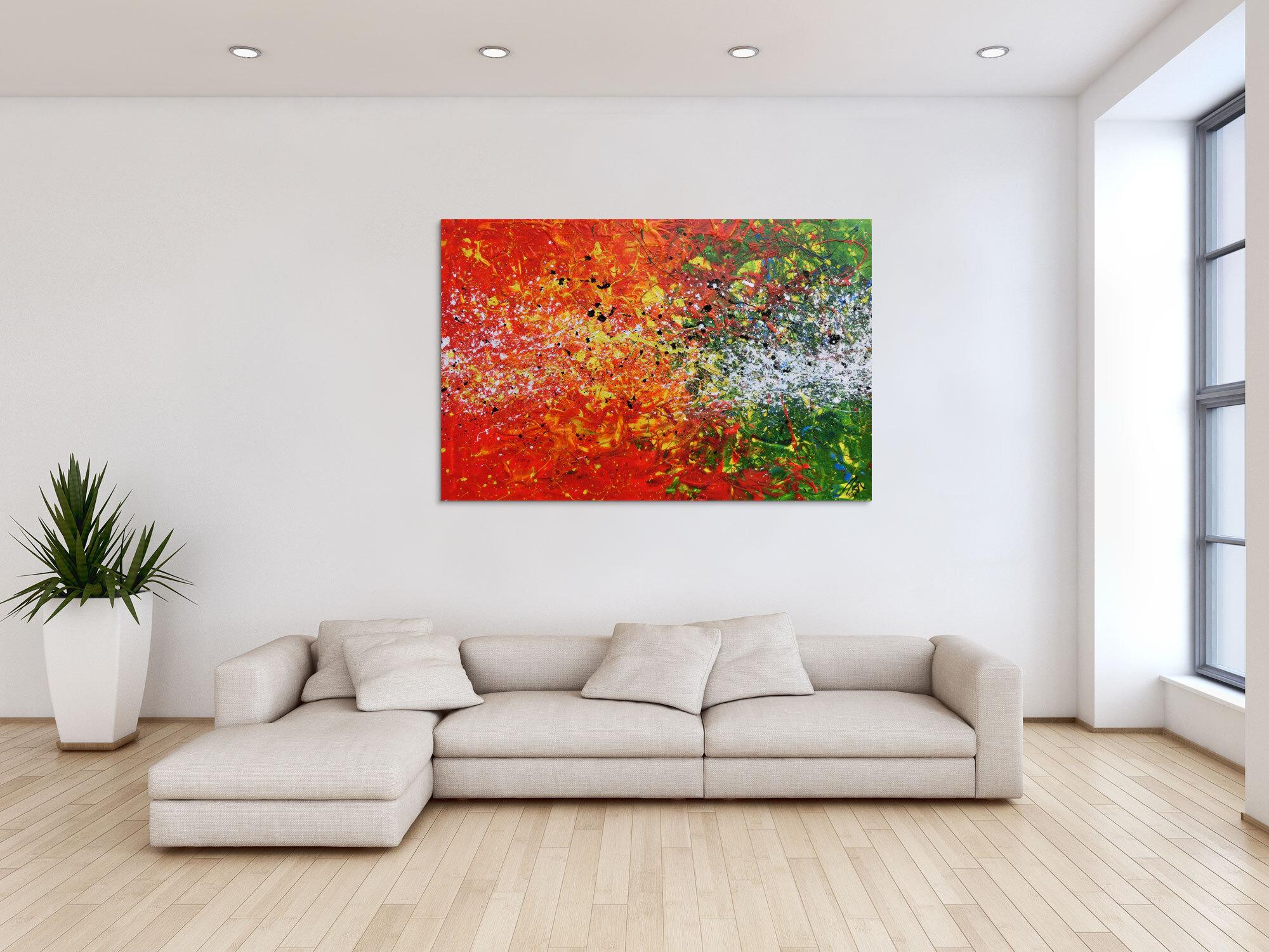 Modernes Acrylgemälde abstrakt orange grün weiß Splashstyle Action Painting
