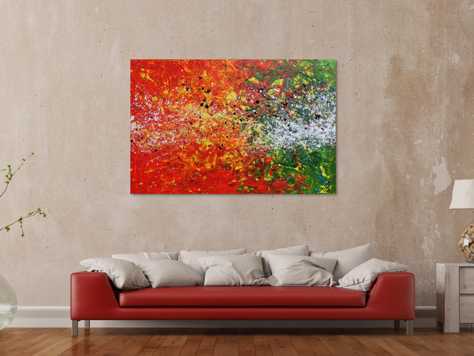 Modernes Acrylgemälde abstrakt orange grün weiß Splashstyle Action Painting