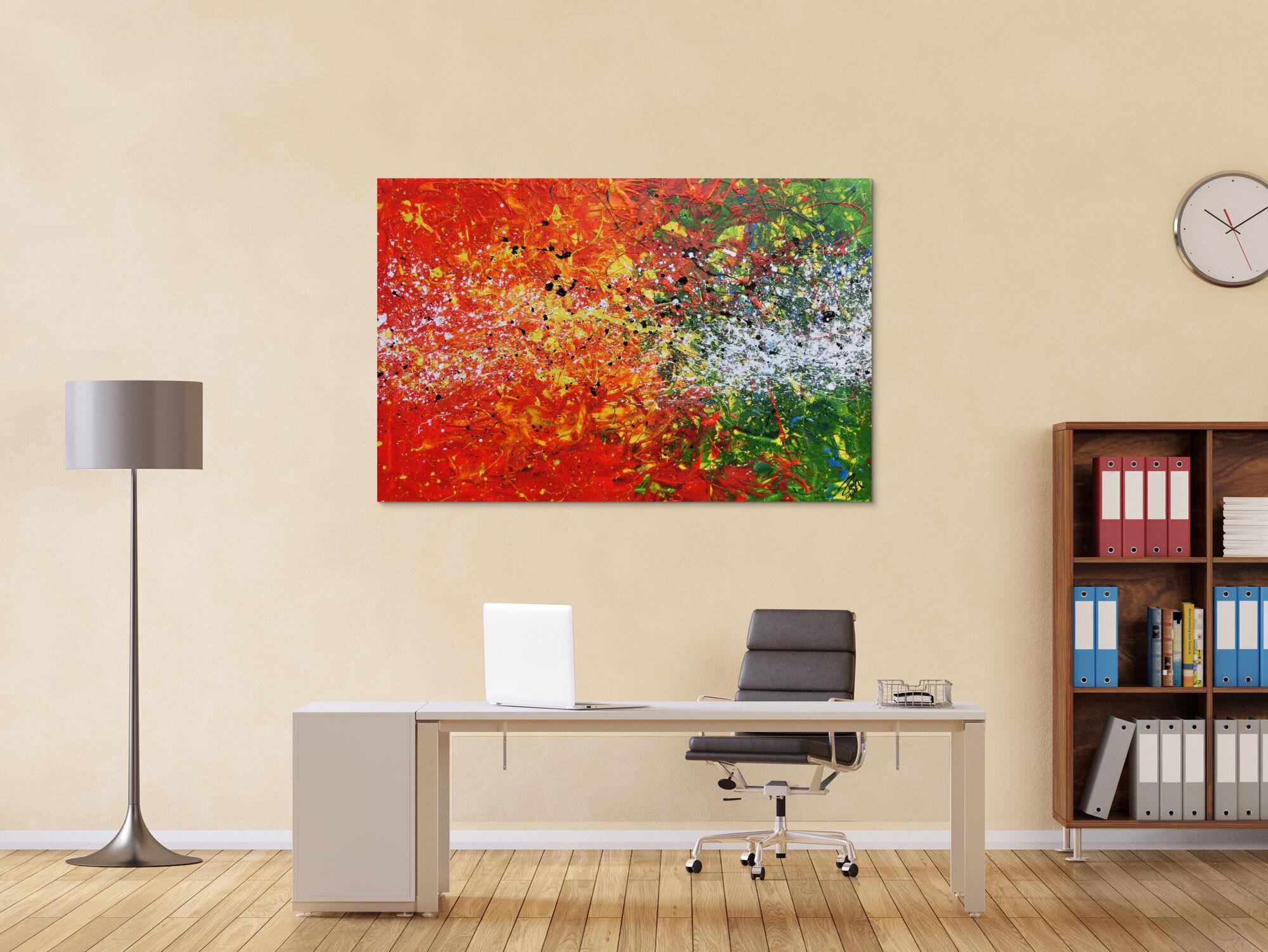 Modernes Acrylgemälde abstrakt orange grün weiß Splashstyle Action Painting