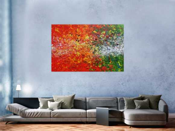 Modernes Acrylgemälde abstrakt orange grün weiß Splashstyle Action Painting