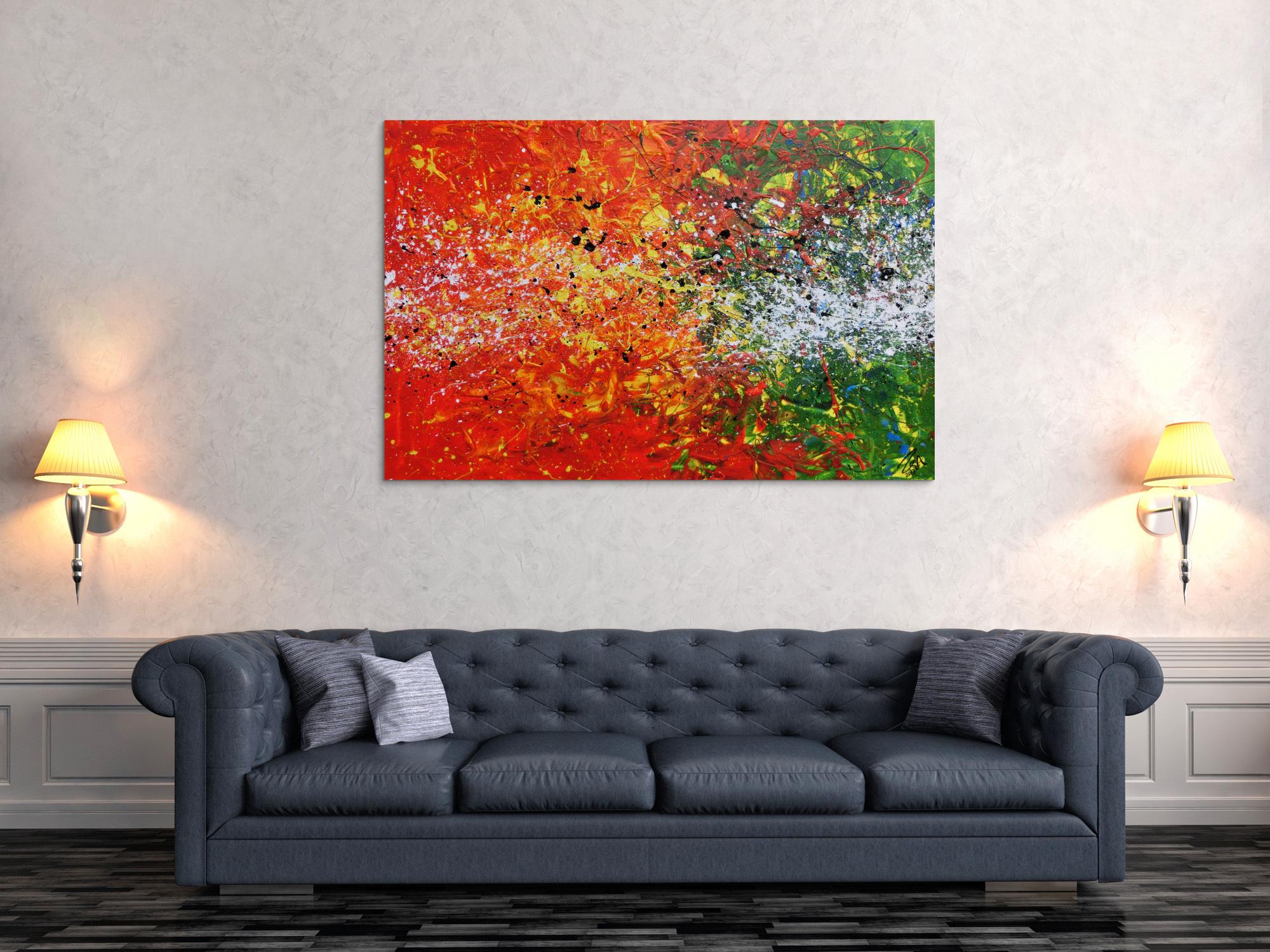 Modernes Acrylgemälde abstrakt orange grün weiß Splashstyle Action Painting