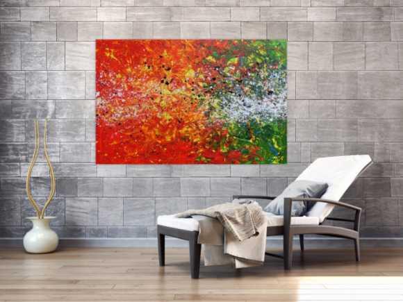 Modernes Acrylgemälde abstrakt orange grün weiß Splashstyle Action Painting