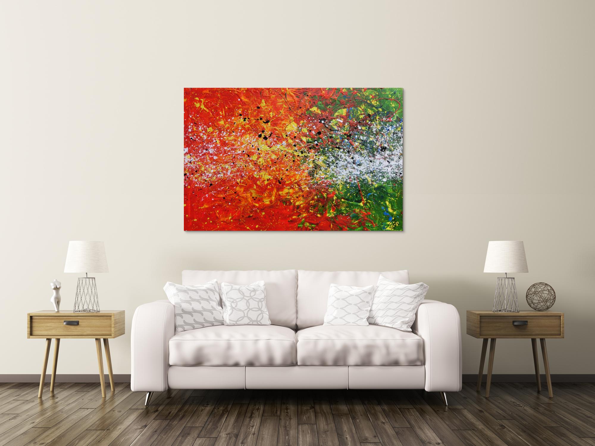 Modernes Acrylgemälde abstrakt orange grün weiß Splashstyle Action Painting