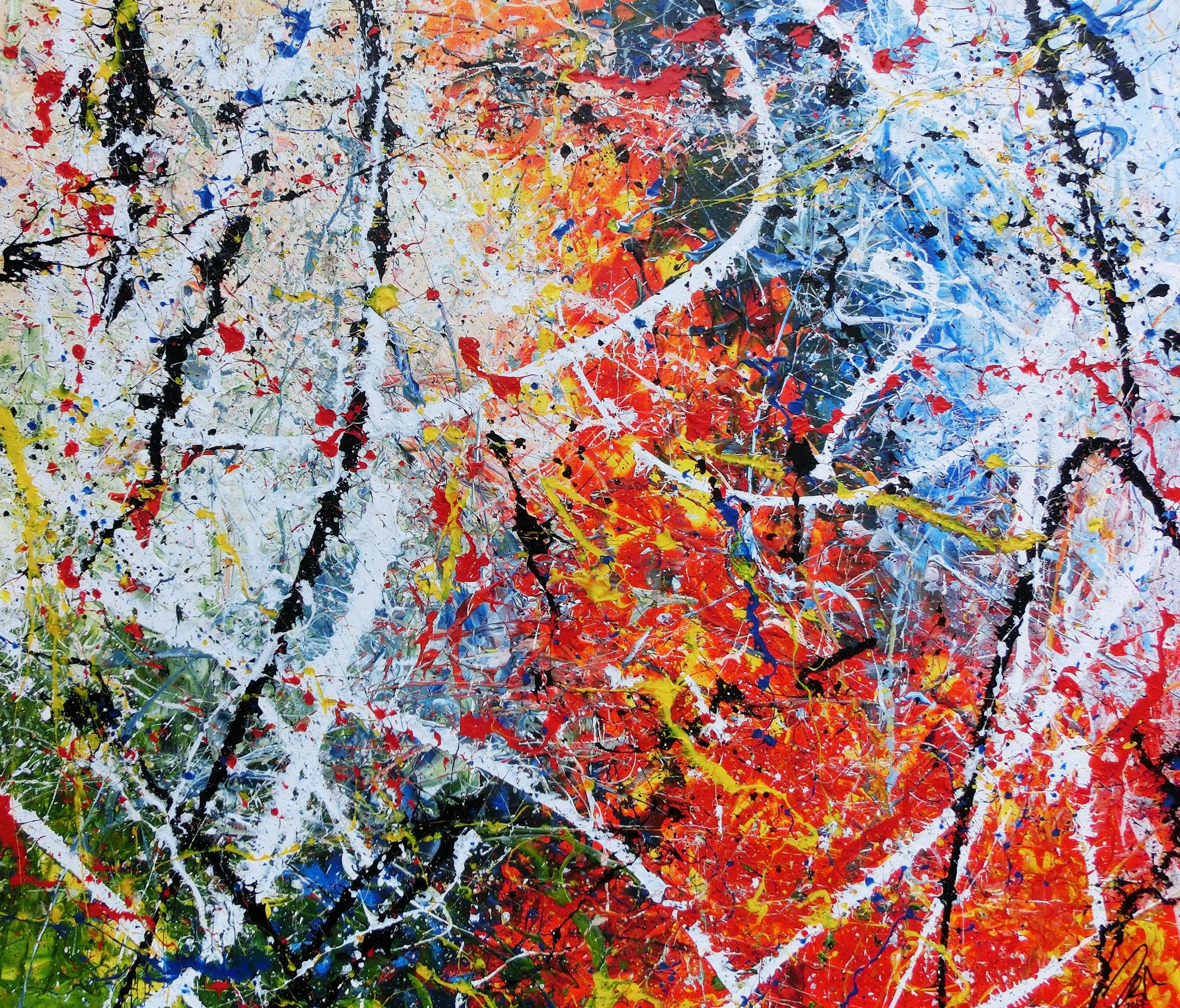 Abstraktes Acrylbild modernes Gemälde sehr bunt Action Painting in orange weiß blau grün gelb