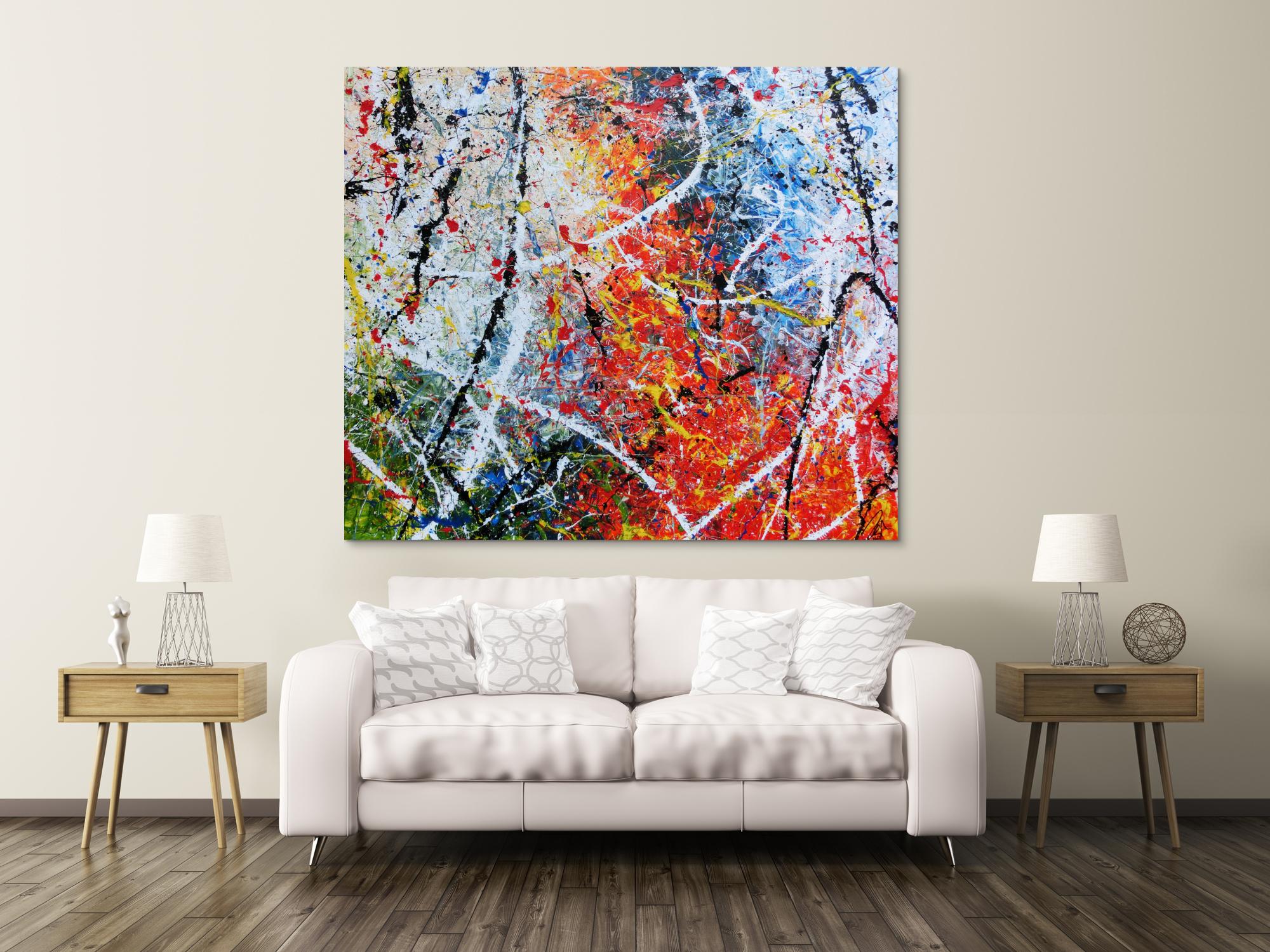 Abstraktes Acrylbild modernes Gemälde sehr bunt Action Painting in orange weiß blau grün gelb