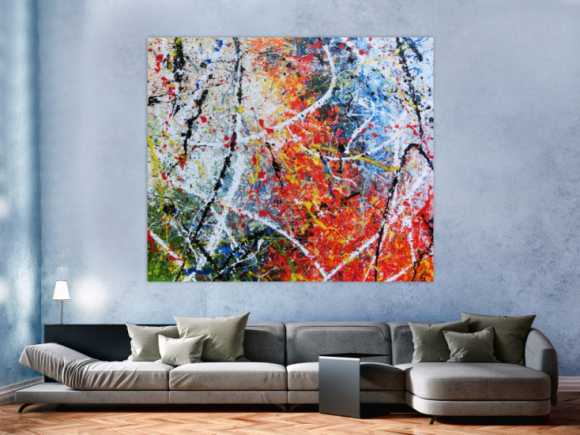Abstraktes Acrylbild modernes Gemälde sehr bunt Action Painting in orange weiß blau grün gelb