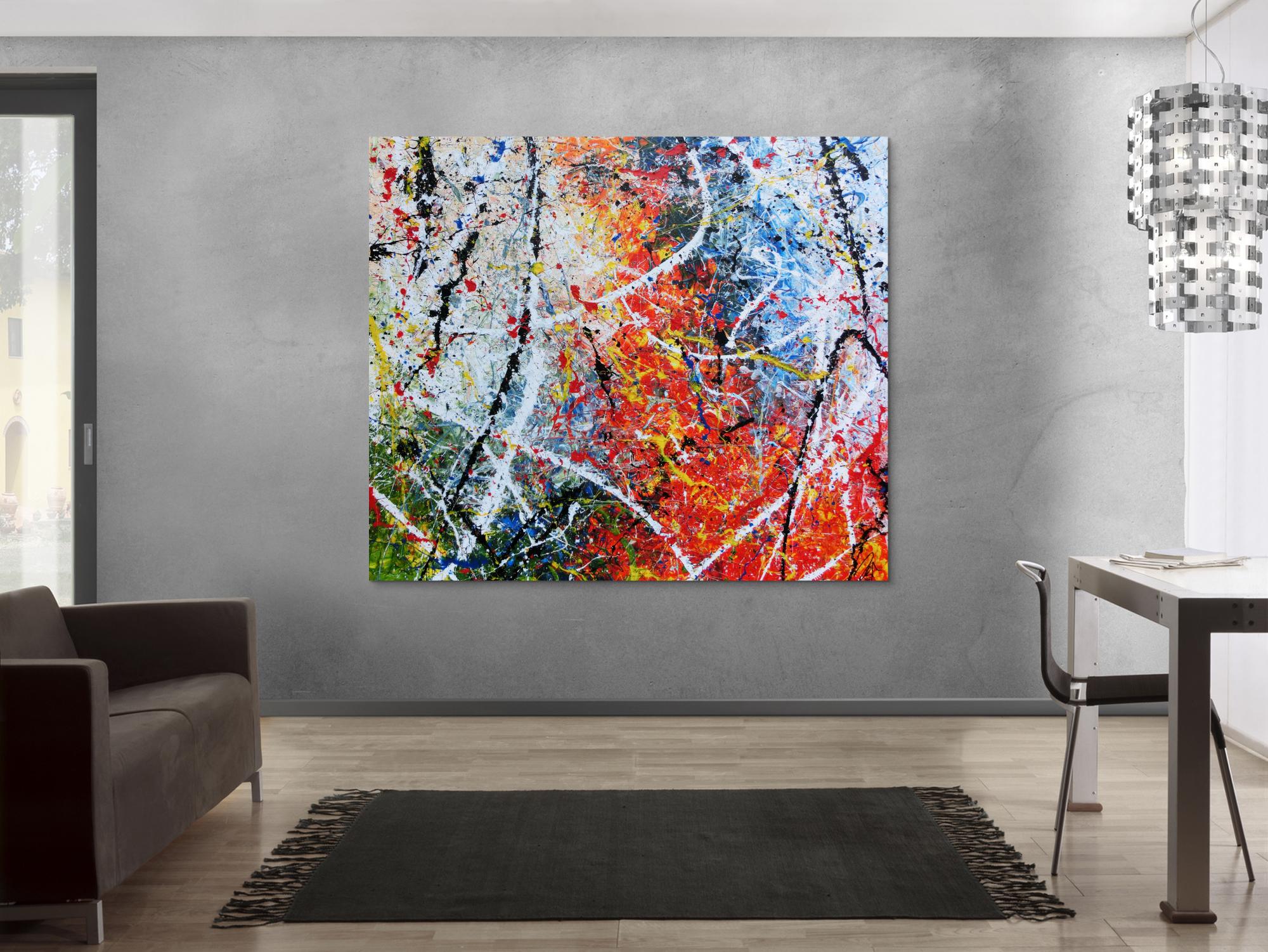 Abstraktes Acrylbild modernes Gemälde sehr bunt Action Painting in orange weiß blau grün gelb