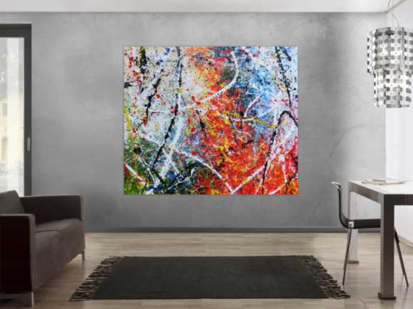 Abstraktes Acrylbild modernes Gemälde sehr bunt Action Painting in orange weiß blau grün gelb