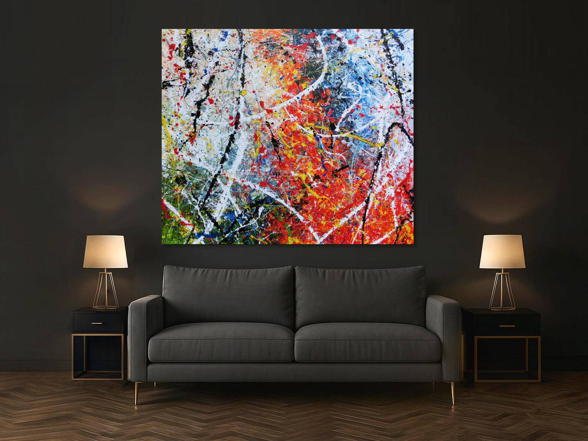 Abstraktes Acrylbild modernes Gemälde sehr bunt Action Painting in orange weiß blau grün gelb