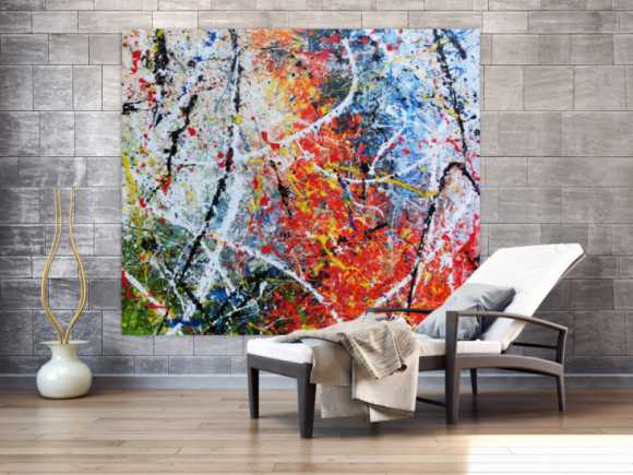 Abstraktes Acrylbild modernes Gemälde sehr bunt Action Painting in orange weiß blau grün gelb