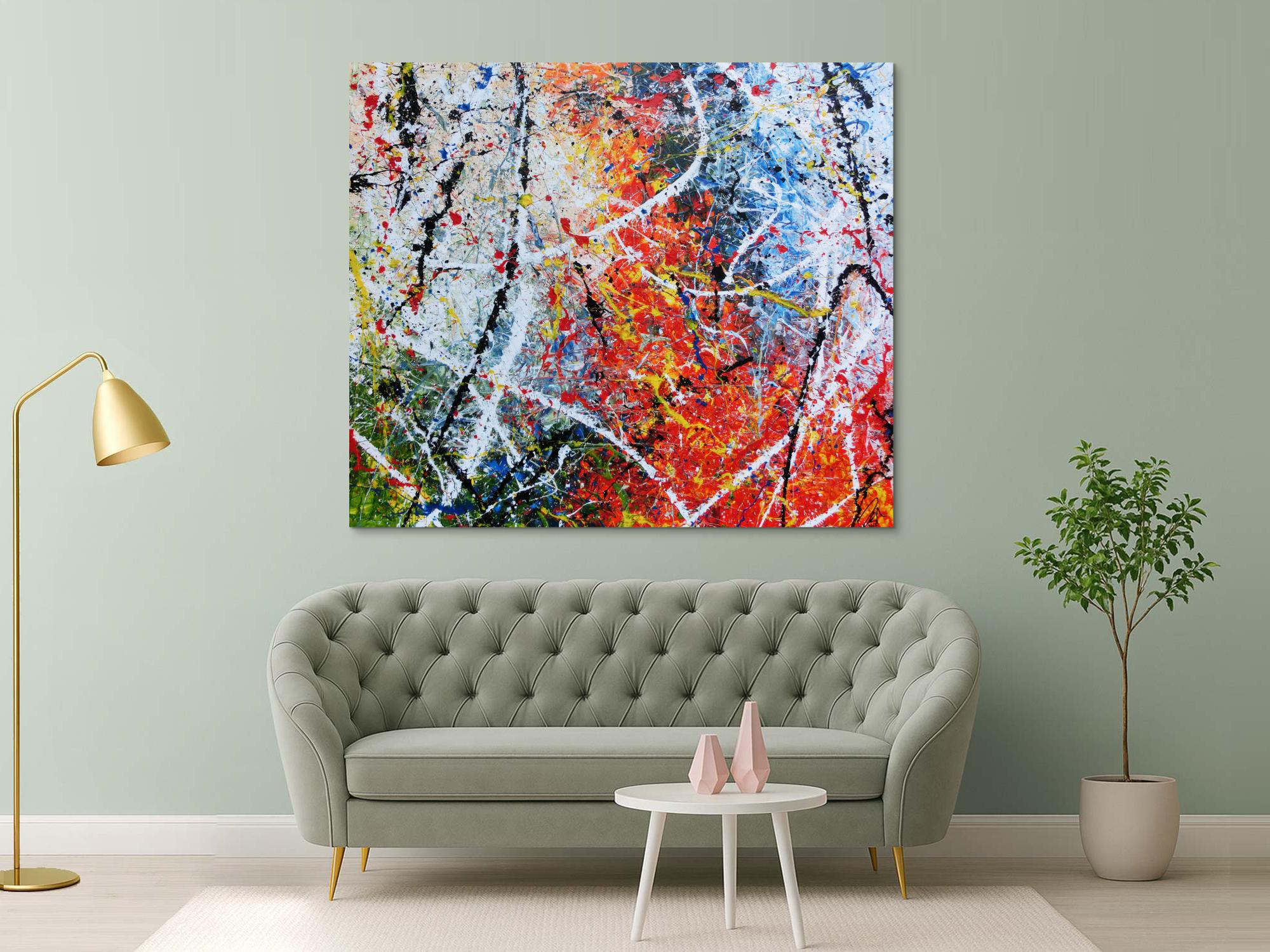 Abstraktes Acrylbild modernes Gemälde sehr bunt Action Painting in orange weiß blau grün gelb