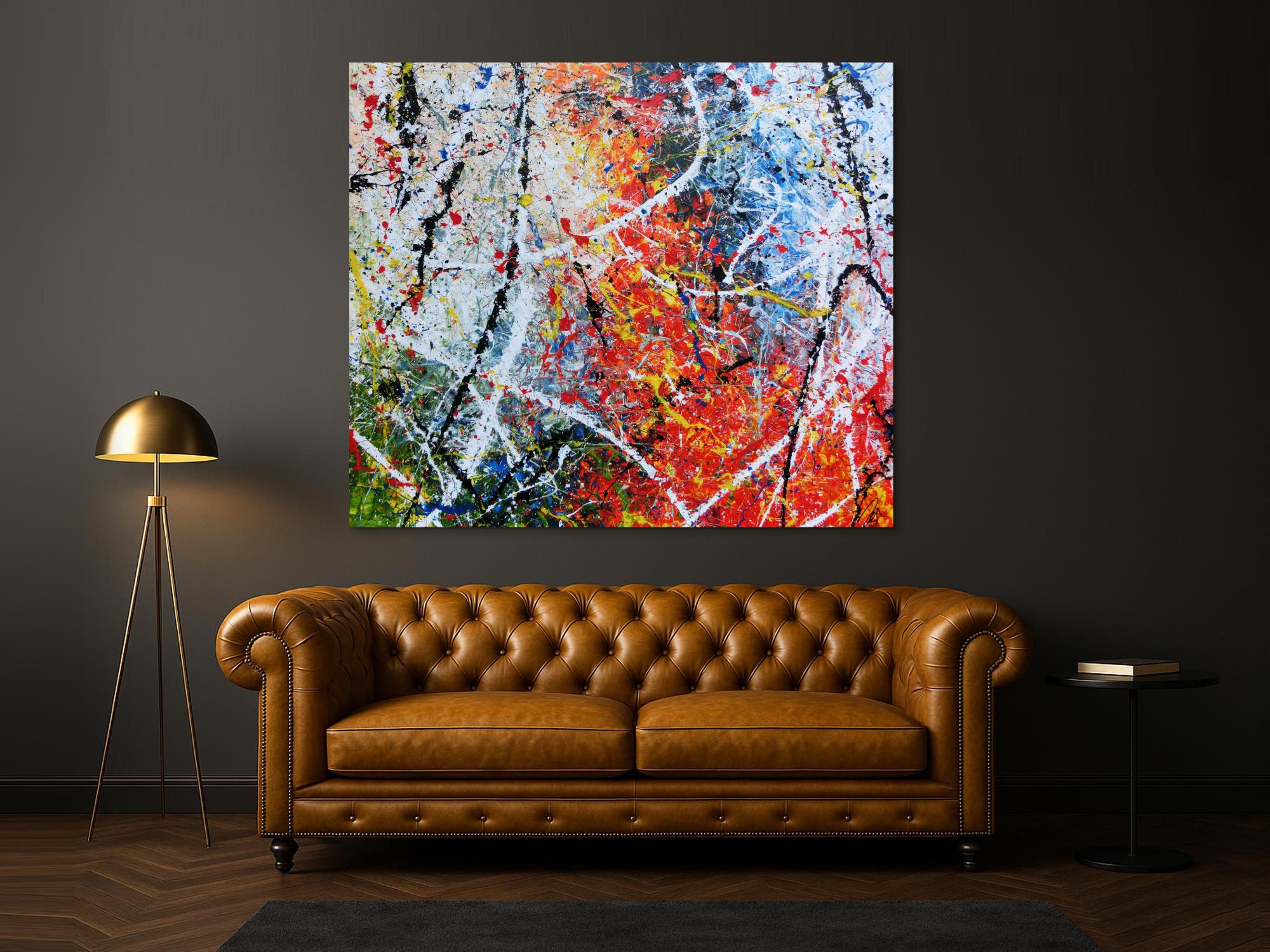 Abstraktes Acrylbild modernes Gemälde sehr bunt Action Painting in orange weiß blau grün gelb