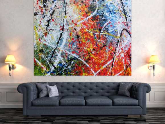 Abstraktes Acrylbild modernes Gemälde sehr bunt Action Painting in orange weiß blau grün gelb