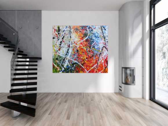 Abstraktes Acrylbild modernes Gemälde sehr bunt Action Painting in orange weiß blau grün gelb