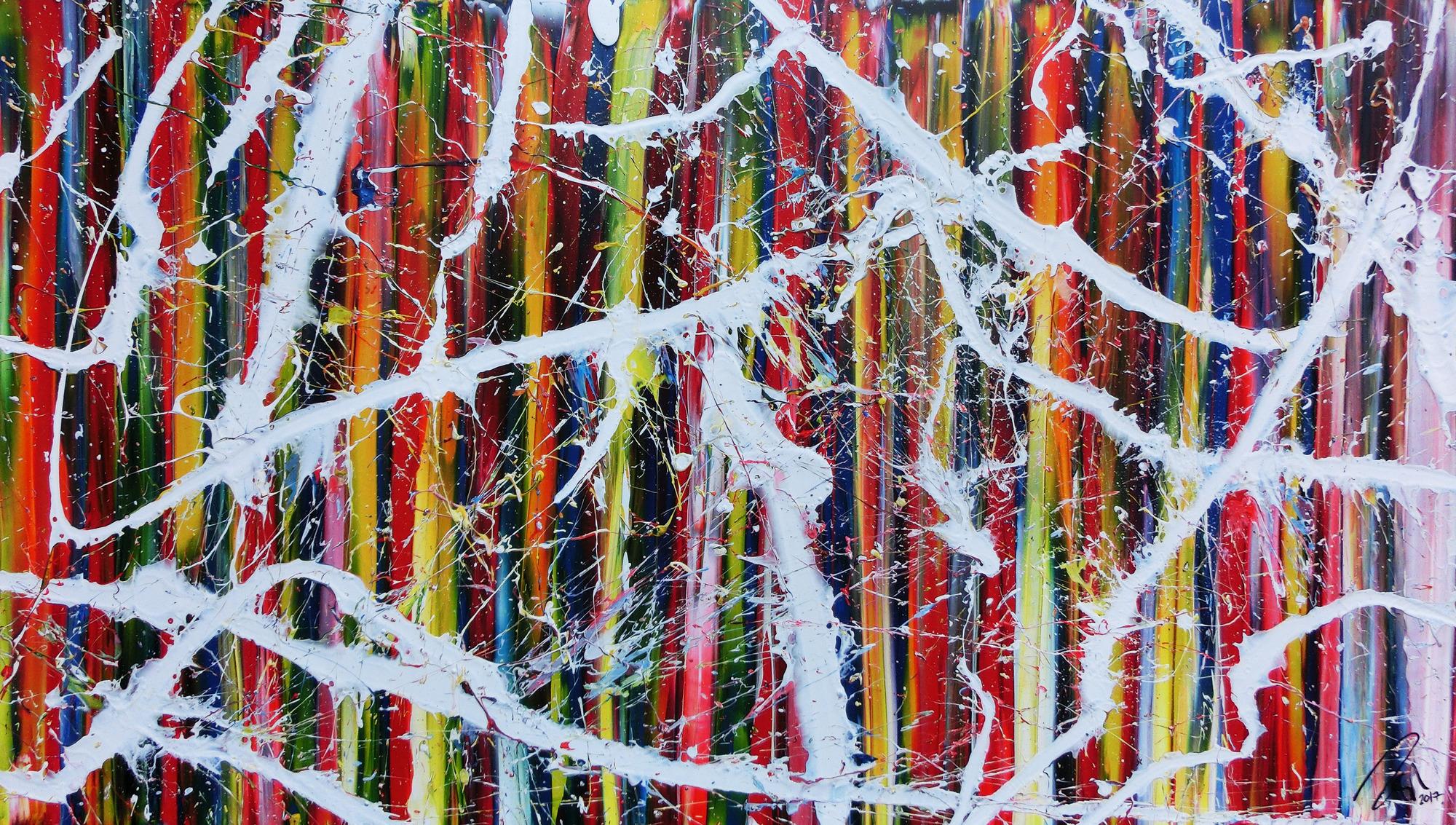 Sehr buntes abstraktes Acrylgemälde modernes Bild bunte Streifen Action Painting