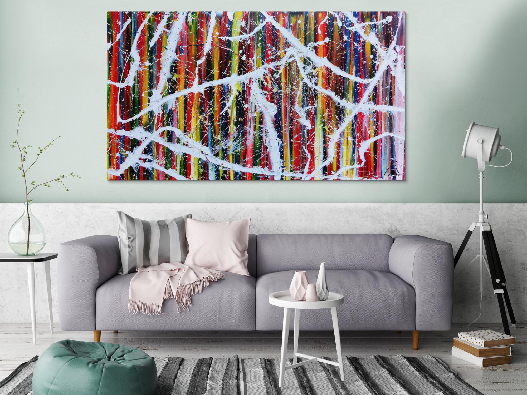 Sehr buntes abstraktes Acrylgemälde modernes Bild bunte Streifen Action Painting