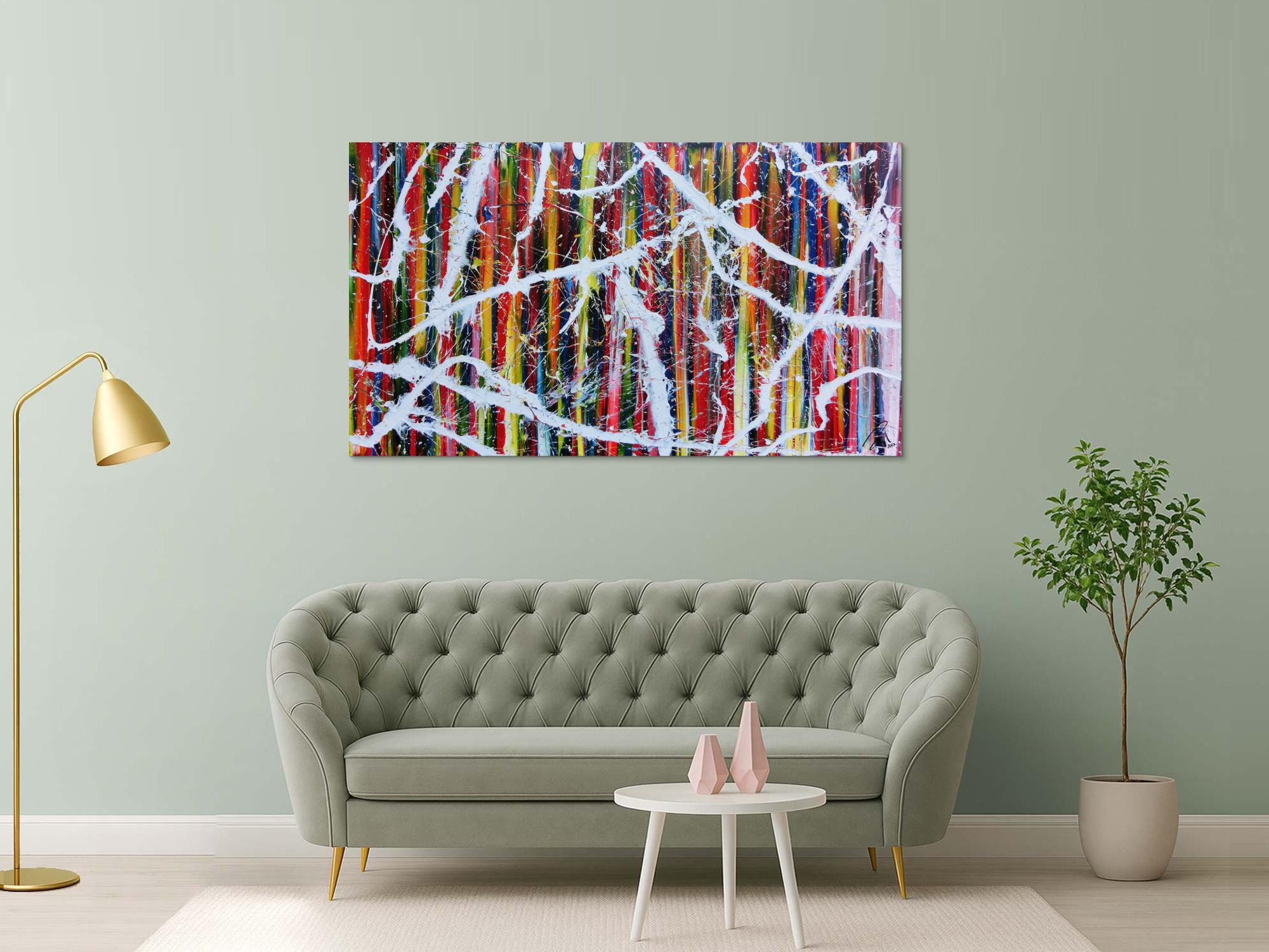 Sehr buntes abstraktes Acrylgemälde modernes Bild bunte Streifen Action Painting