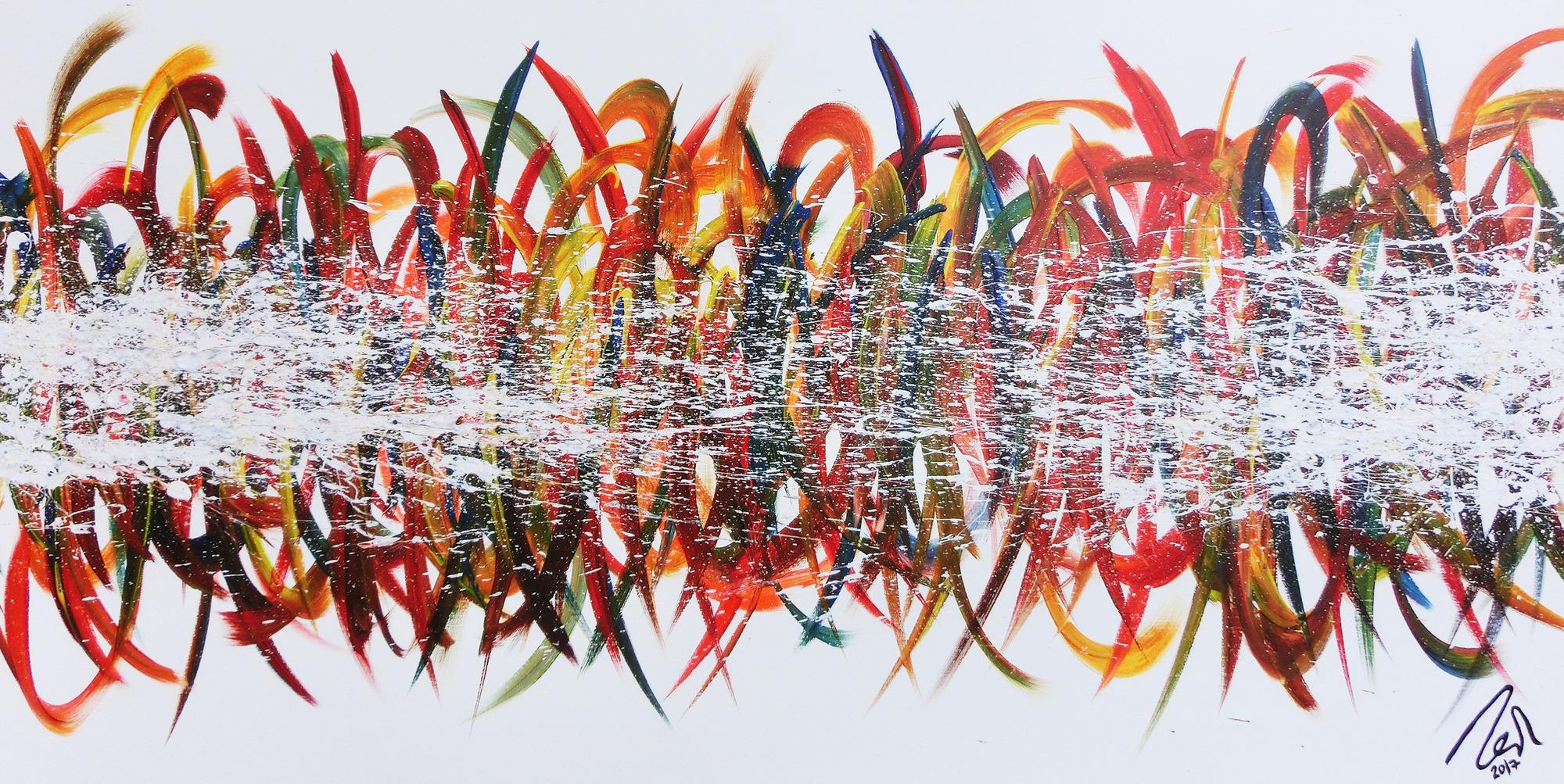 Abstraktes Acrylbild sehr bunt farbenfroh moderne Schleifen und Haken Action Painting