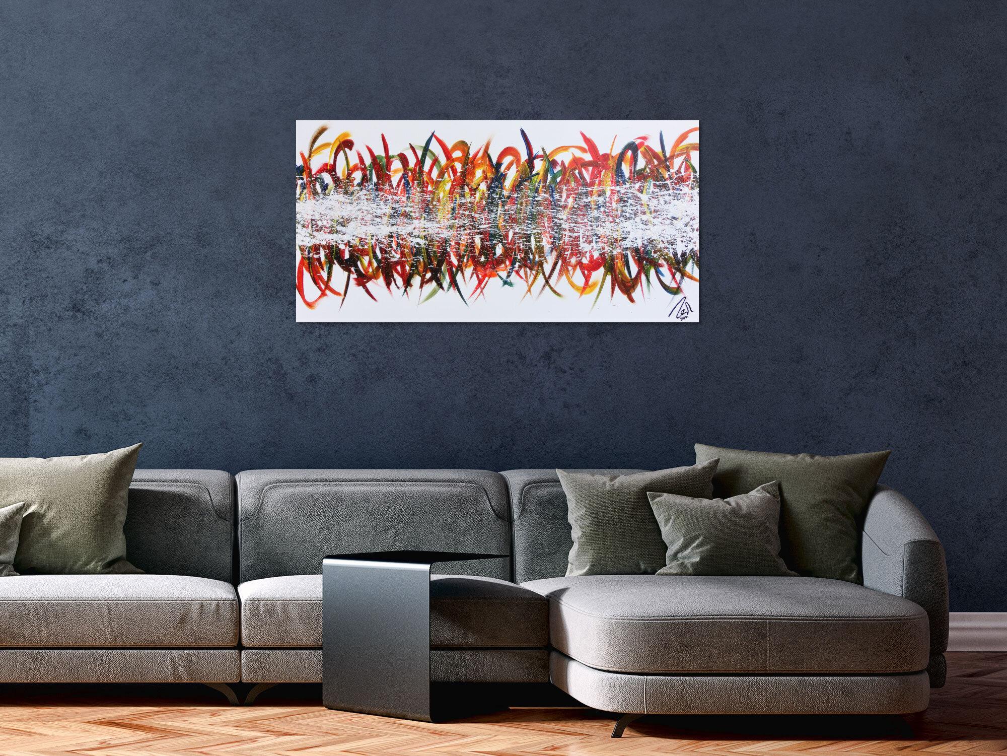 Abstraktes Acrylbild sehr bunt farbenfroh moderne Schleifen und Haken Action Painting