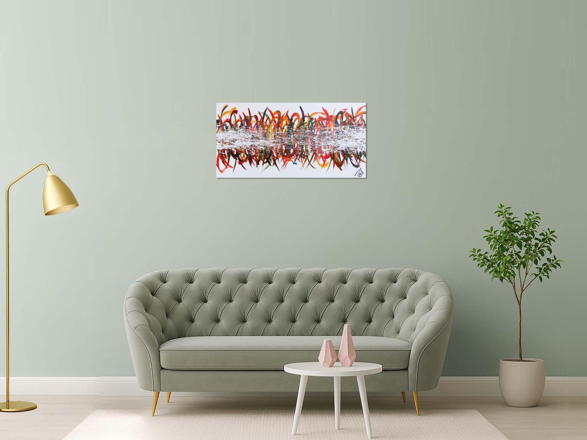 Abstraktes Acrylbild sehr bunt farbenfroh moderne Schleifen und Haken Action Painting