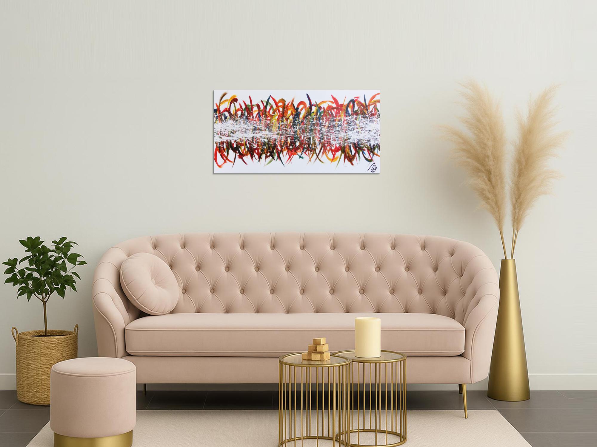 Abstraktes Acrylbild sehr bunt farbenfroh moderne Schleifen und Haken Action Painting