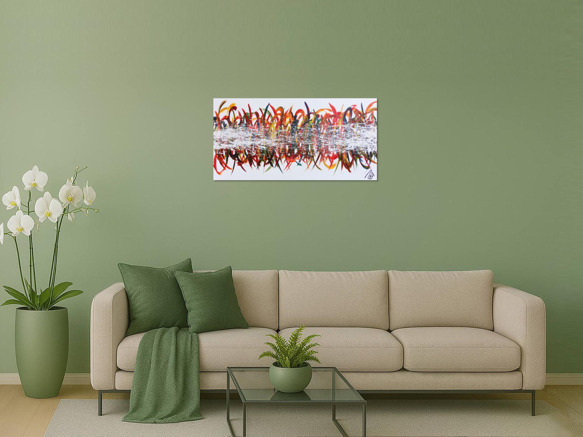 Abstraktes Acrylbild sehr bunt farbenfroh moderne Schleifen und Haken Action Painting