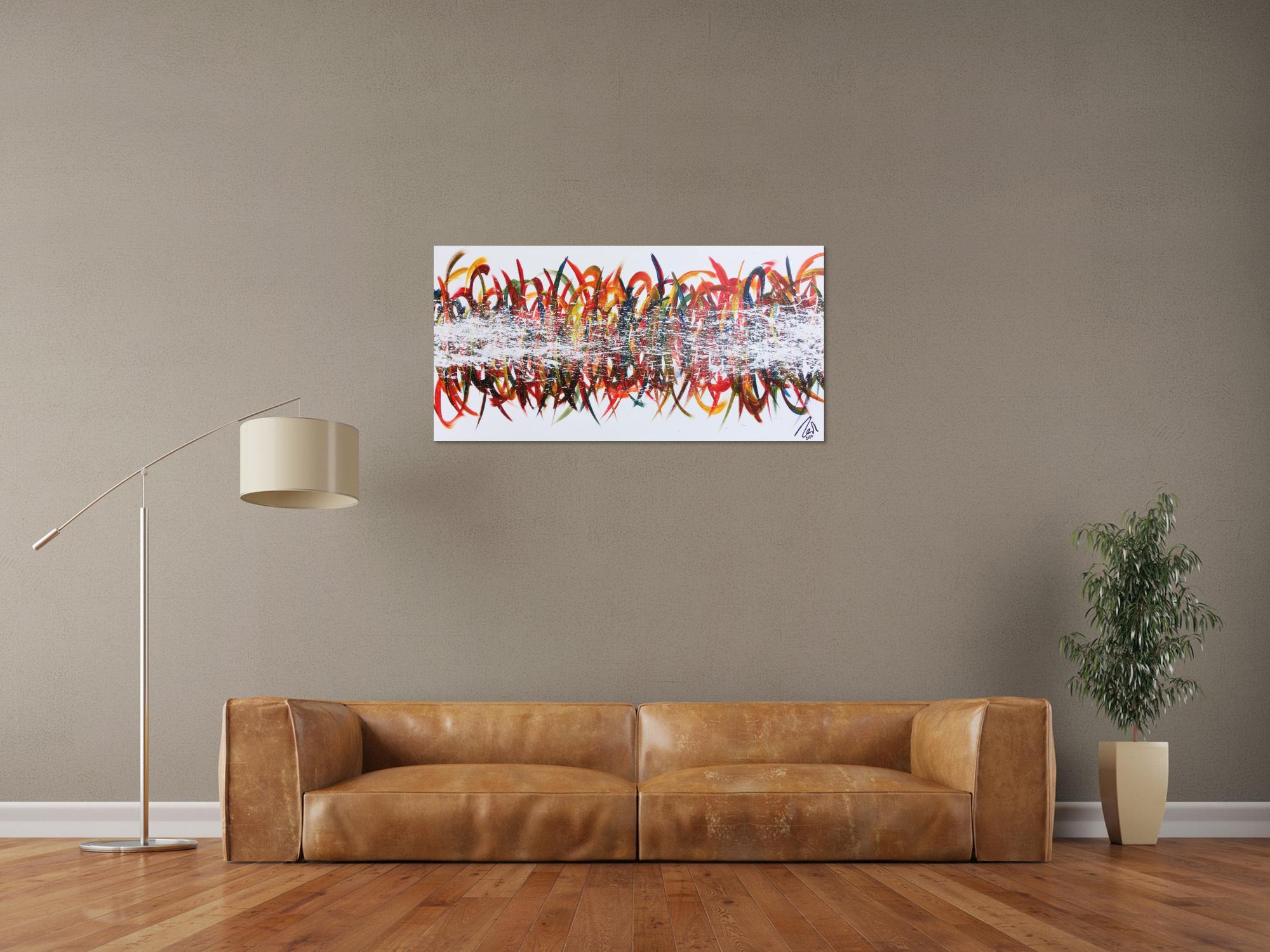 Abstraktes Acrylbild sehr bunt farbenfroh moderne Schleifen und Haken Action Painting