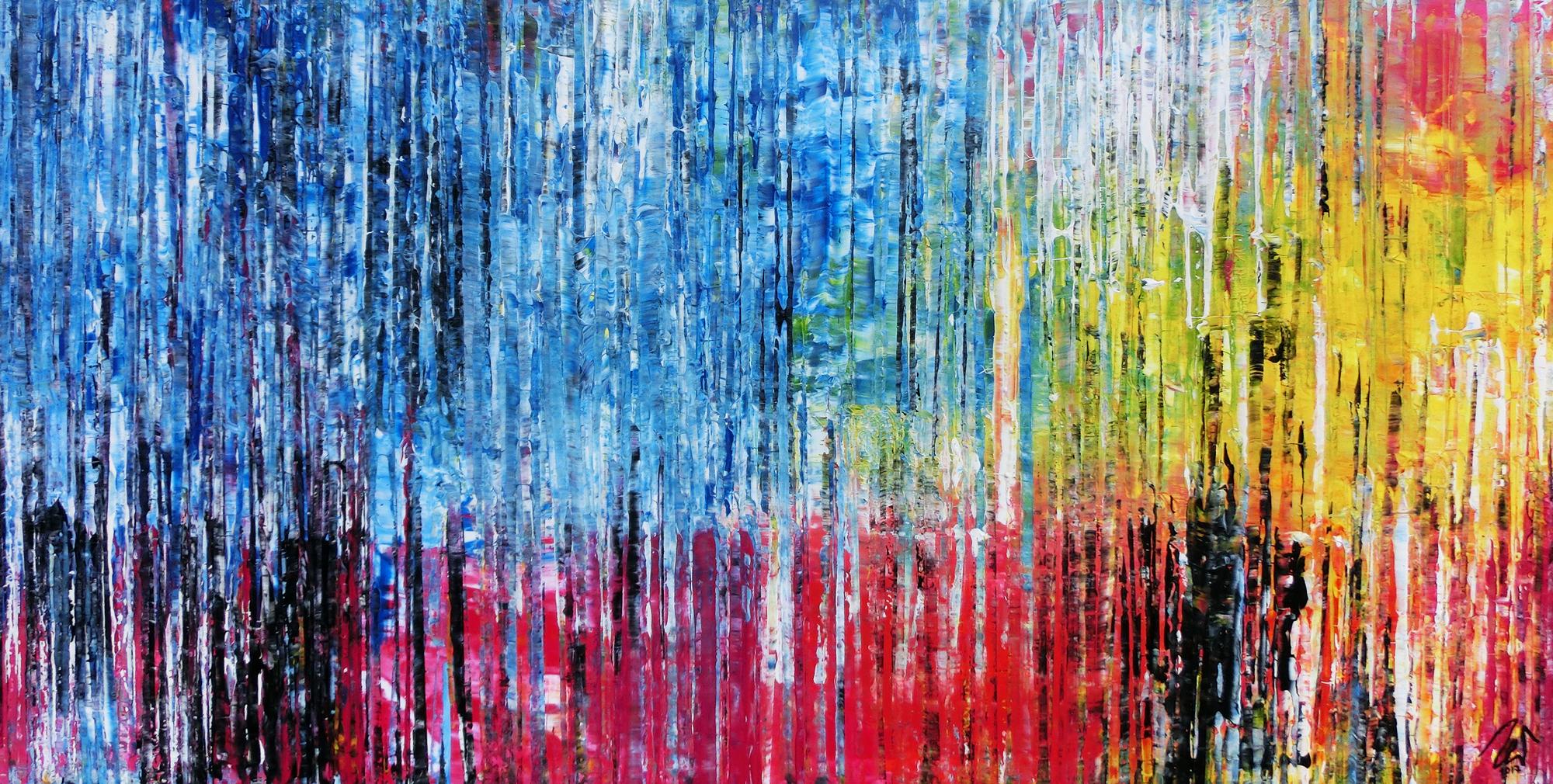 Abstraktes Acrylbild bunt moderne Gemälde Spachteltechnik blau pink gelb