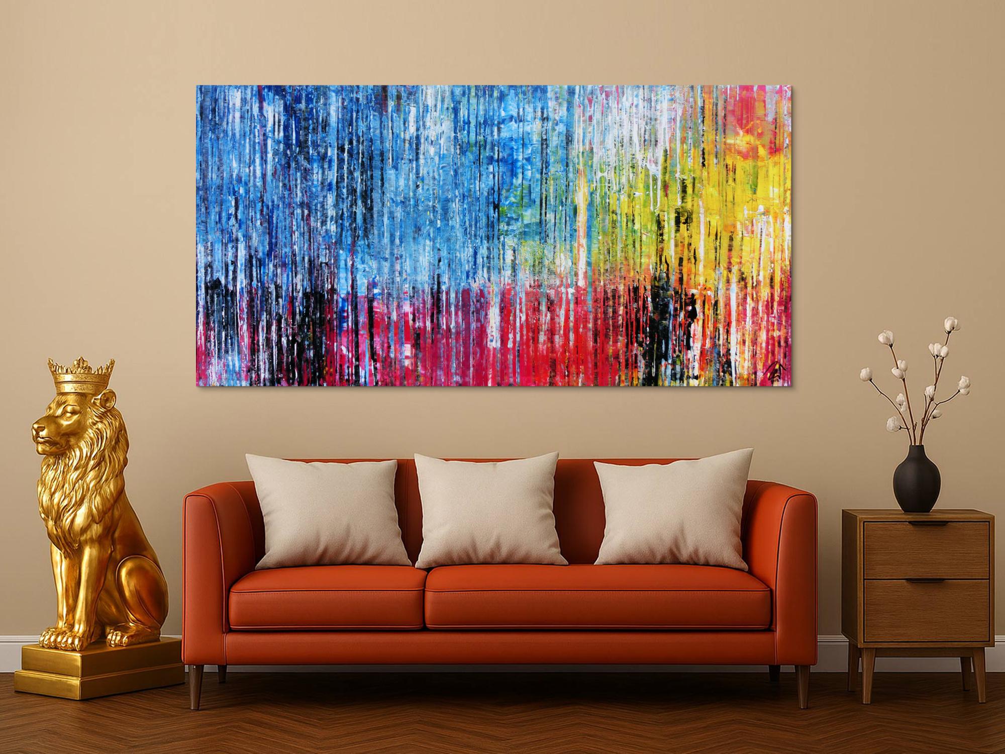 Abstraktes Acrylbild bunt moderne Gemälde Spachteltechnik blau pink gelb