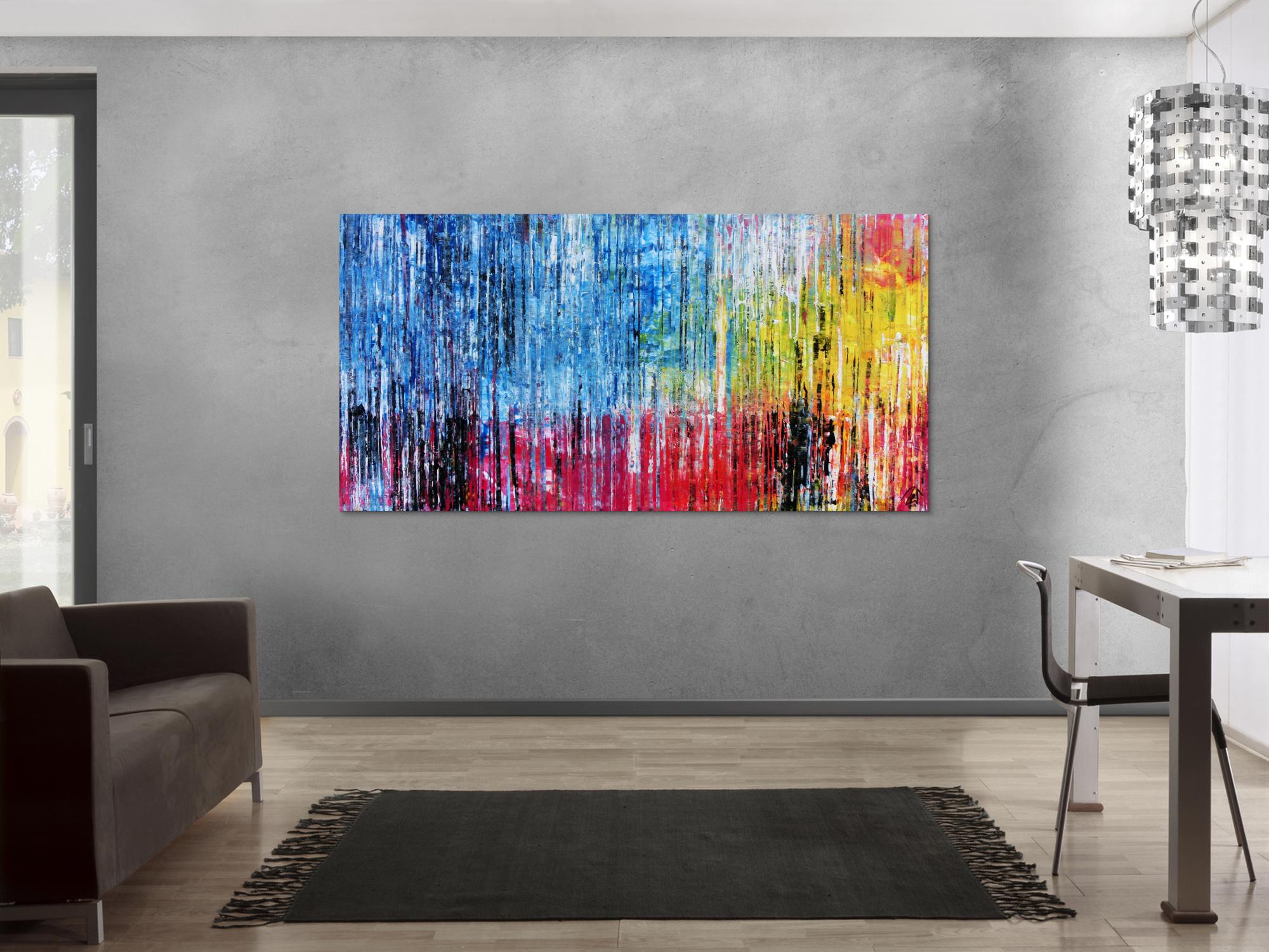 Abstraktes Acrylbild bunt moderne Gemälde Spachteltechnik blau pink gelb