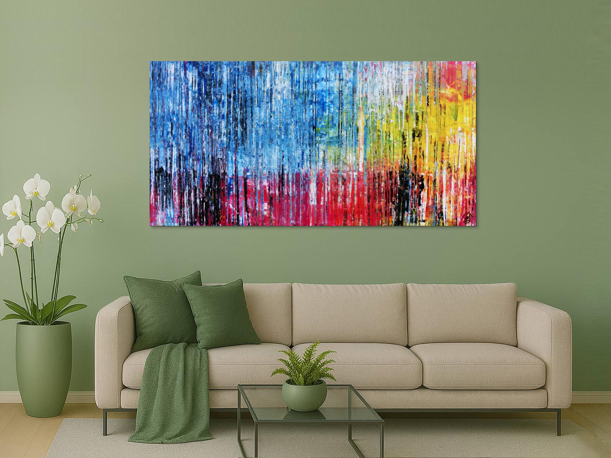 Abstraktes Acrylbild bunt moderne Gemälde Spachteltechnik blau pink gelb