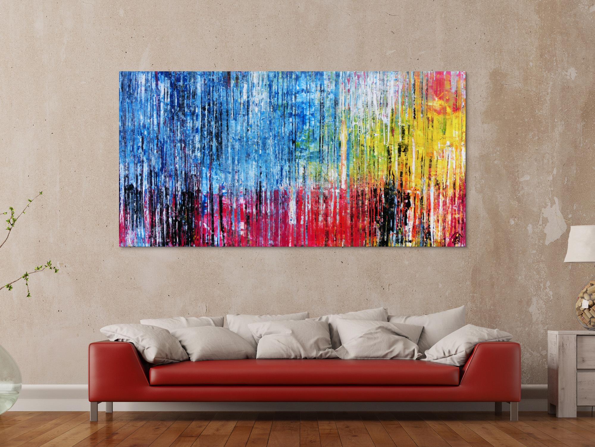 Abstraktes Acrylbild bunt moderne Gemälde Spachteltechnik blau pink gelb