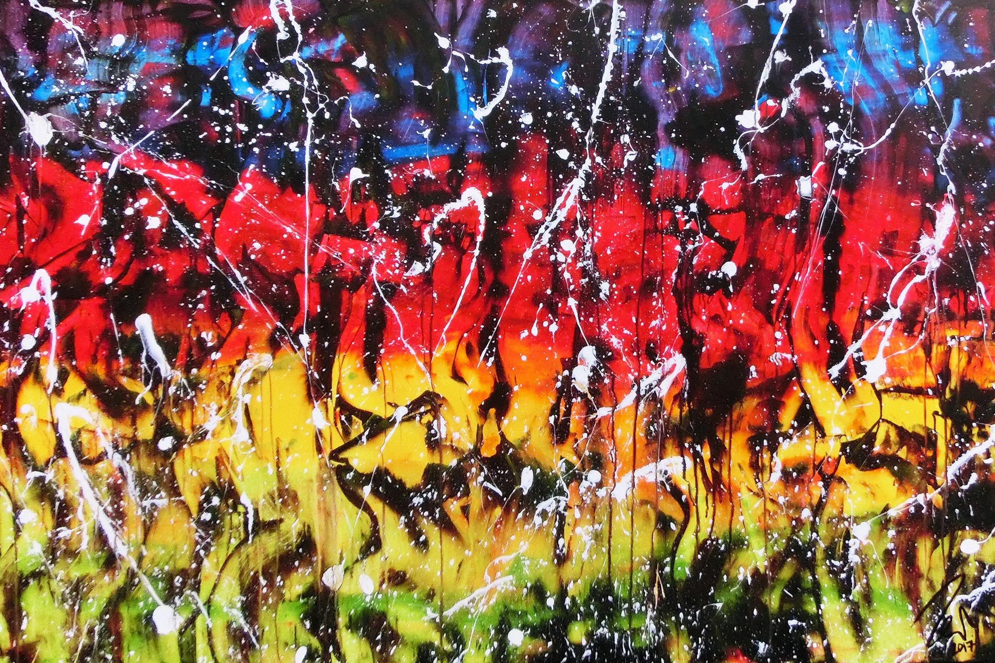 Modernes Gemälde abstrakt bunt in rot blau gelb grün und schwarz