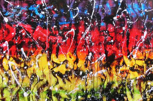 Modernes Gemälde abstrakt bunt in rot blau gelb grün und schwarz