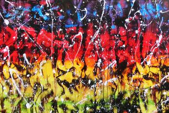 Modernes Gemälde abstrakt bunt in rot blau gelb grün und schwarz