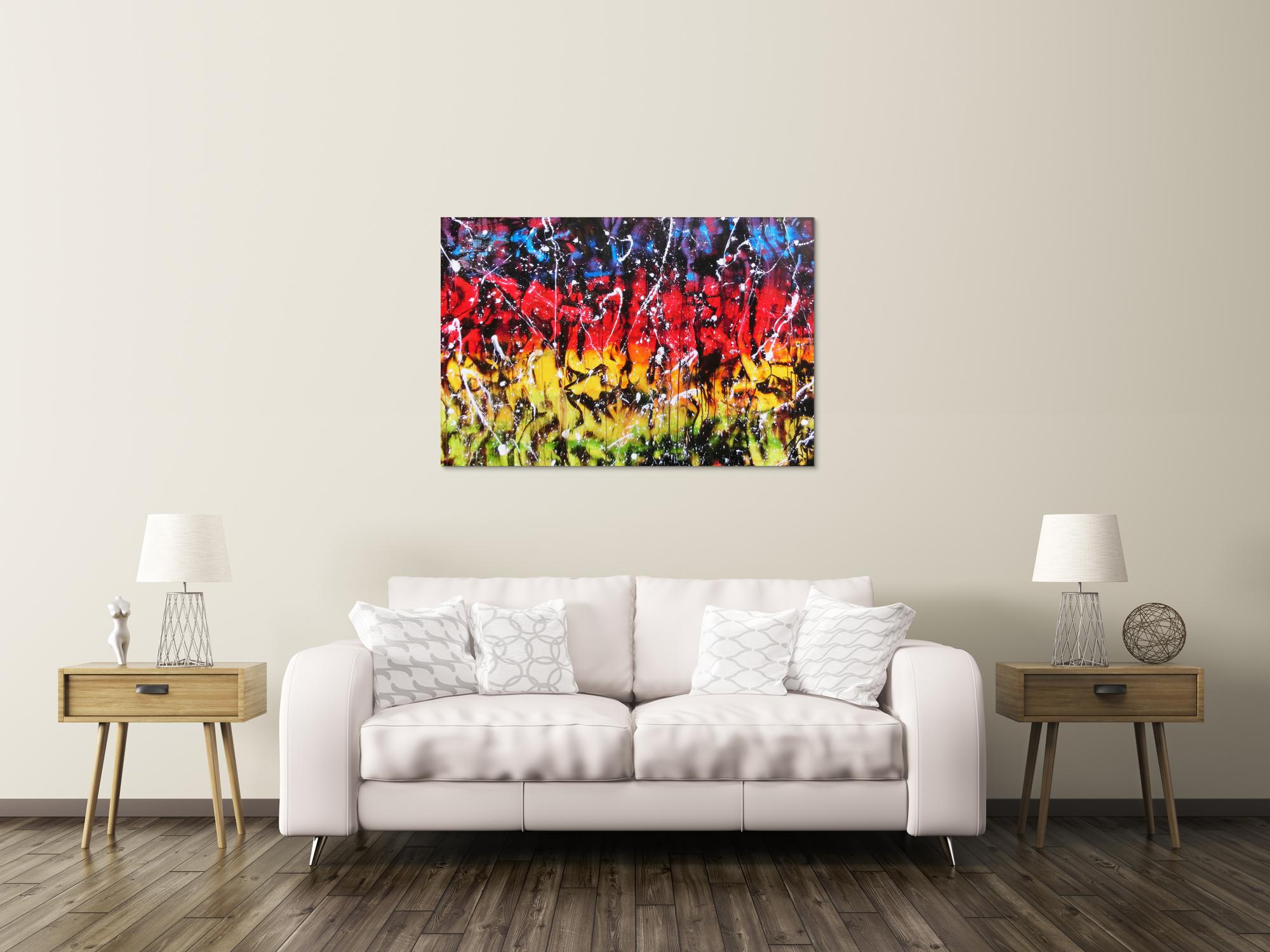 Modernes Gemälde abstrakt bunt in rot blau gelb grün und schwarz