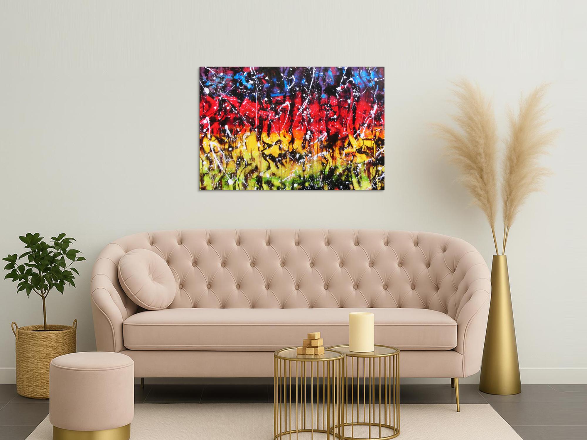 Modernes Gemälde abstrakt bunt in rot blau gelb grün und schwarz