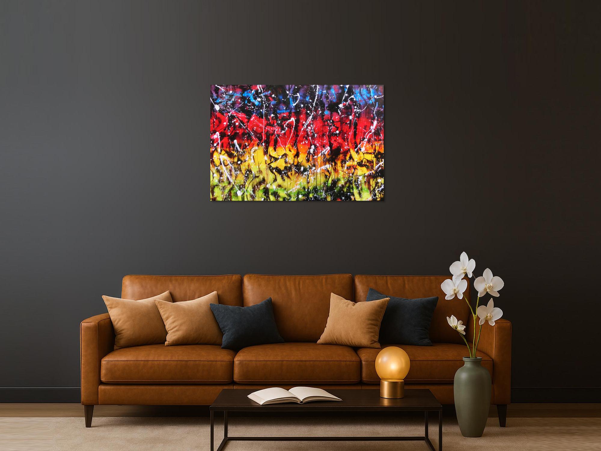 Modernes Gemälde abstrakt bunt in rot blau gelb grün und schwarz