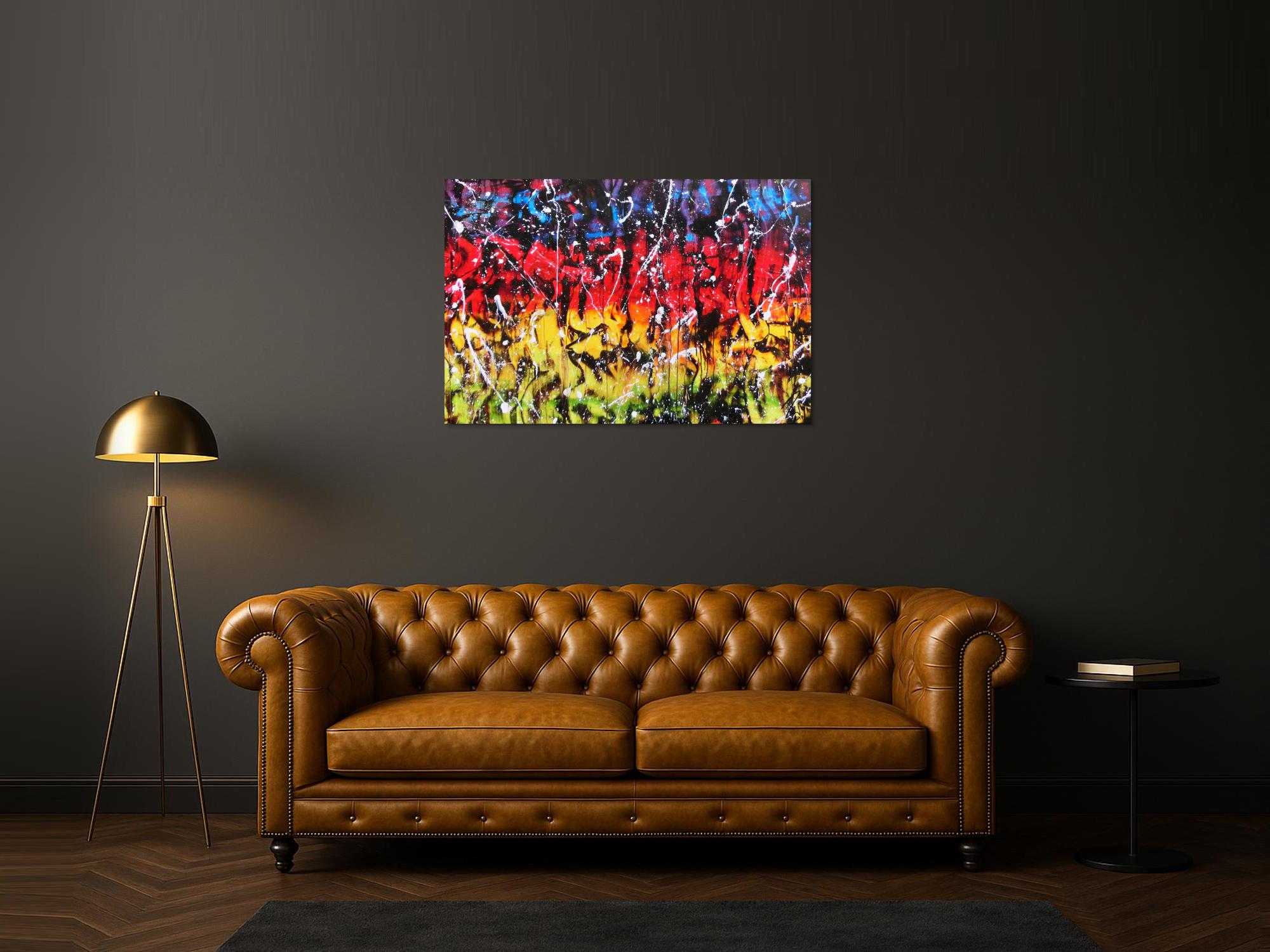 Modernes Gemälde abstrakt bunt in rot blau gelb grün und schwarz