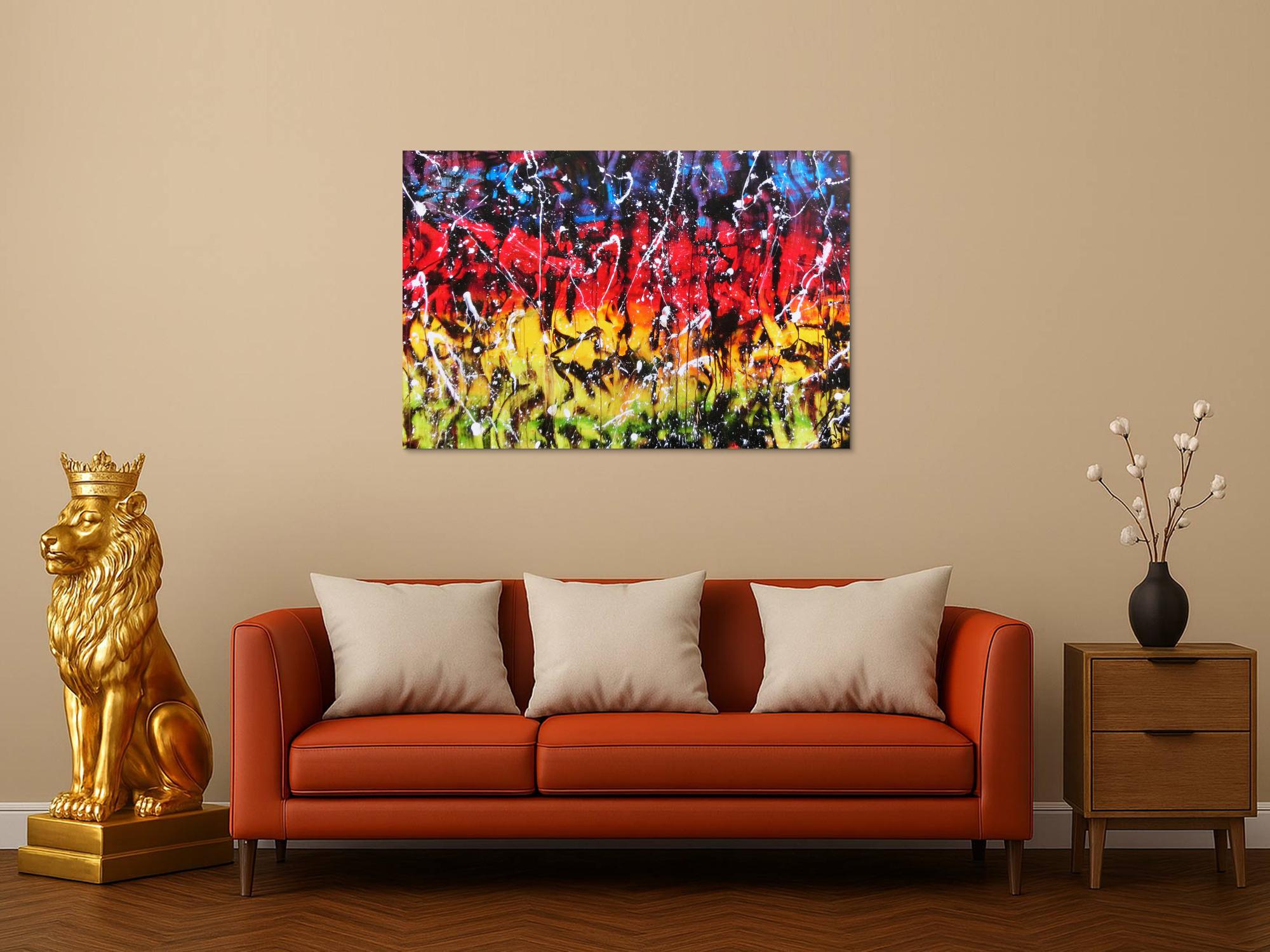 Modernes Gemälde abstrakt bunt in rot blau gelb grün und schwarz