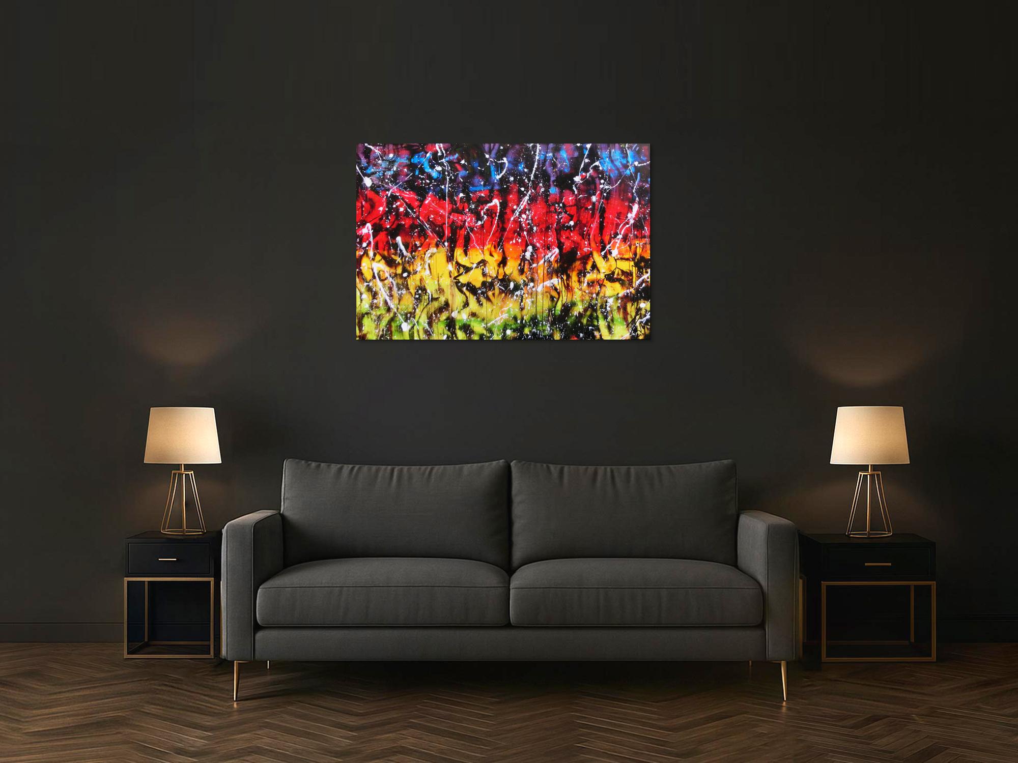 Modernes Gemälde abstrakt bunt in rot blau gelb grün und schwarz