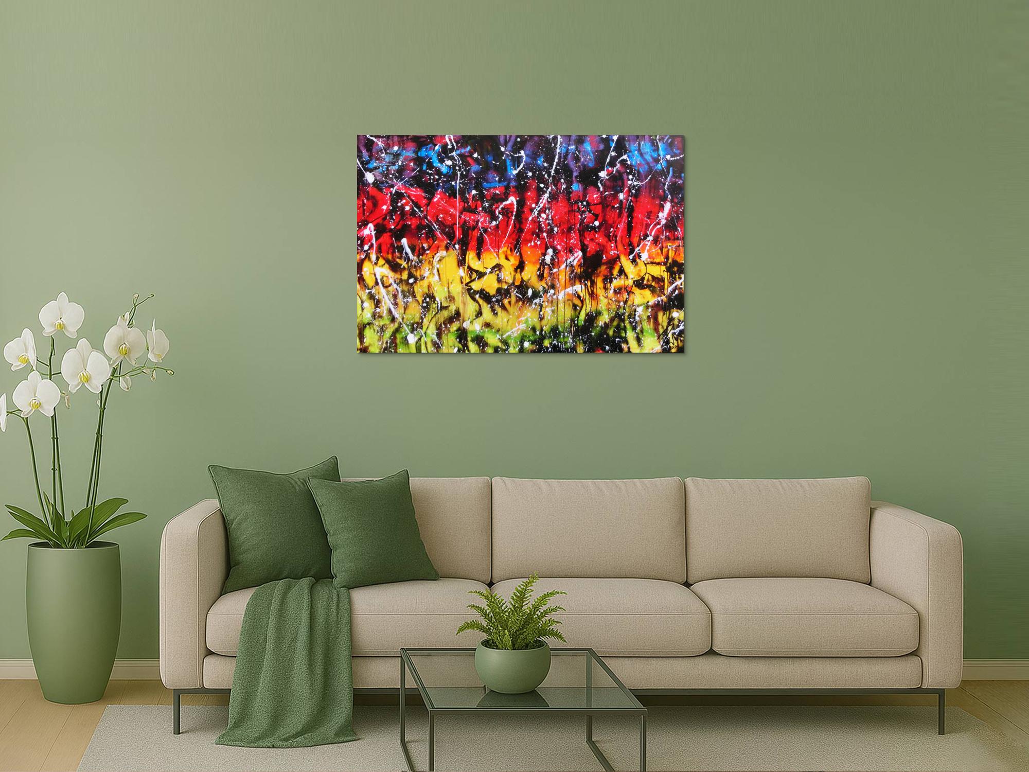 Modernes Gemälde abstrakt bunt in rot blau gelb grün und schwarz