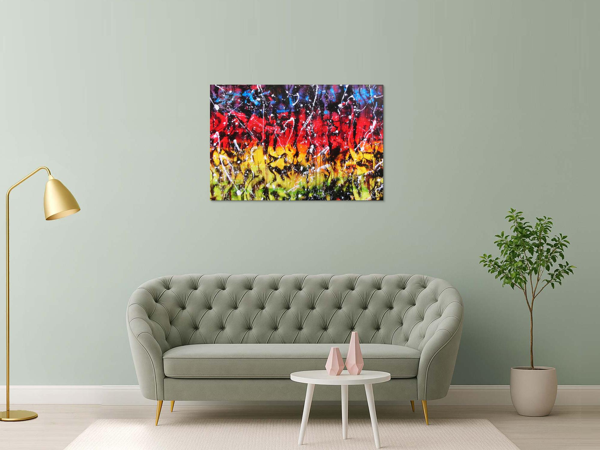 Modernes Gemälde abstrakt bunt in rot blau gelb grün und schwarz